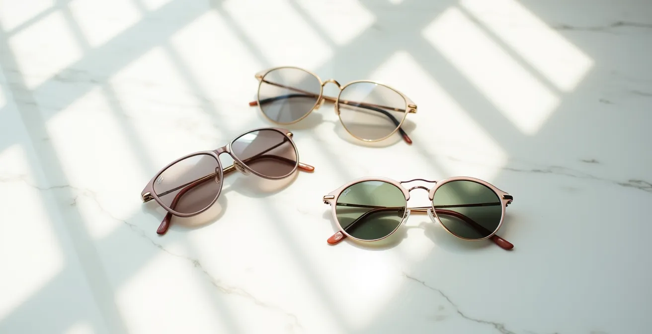 Plusieurs paires de lunettes de soleil disposées sur surface réfléchissante avec jeu de lumière