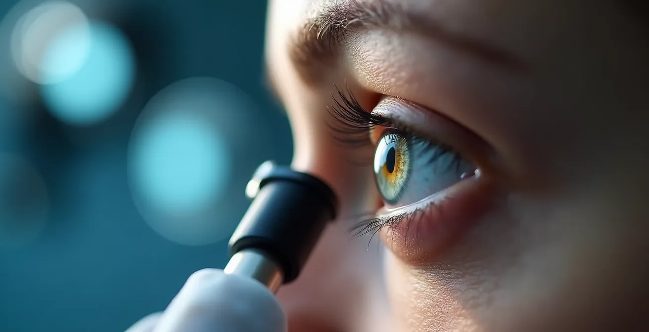 Gros plan sur un œil lors d'un examen médical avec équipement ophtalmologique