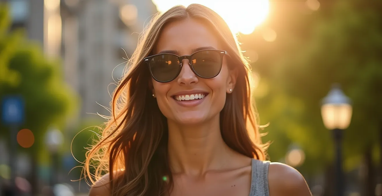 Portrait d'une femme souriante portant des lunettes de soleil élégantes en extérieur